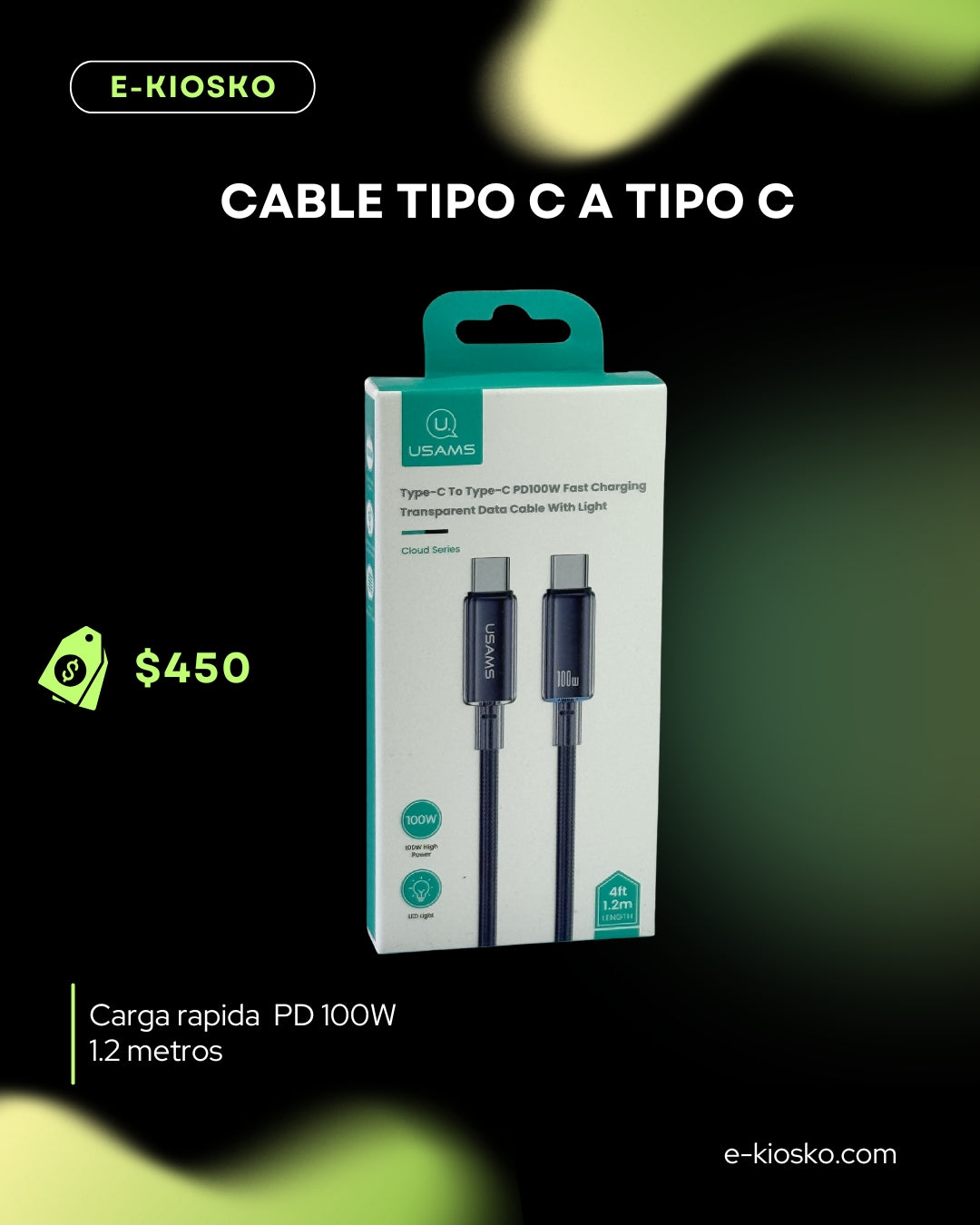 Cable Tipo-c a Tipo-c  PD100w carga rápida con led
