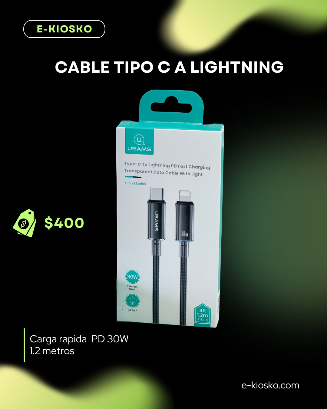 CABLE USB-C A LIGHTNING CARGA RAPIDA 30W CON LED