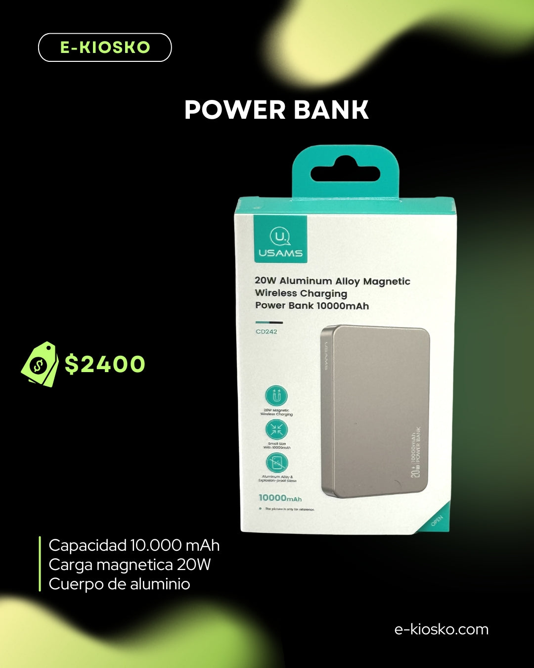 Power Bank 10.000 mhA 20w carga inalámbrica magnética